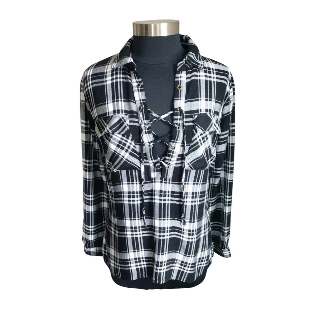 Venus Black/White Plaid Med Lace Up Long-Sleeved, (Velvety-Soft) Blouse